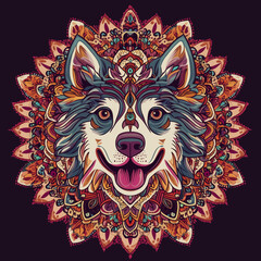 Intricate mandala design featuring a smiling dog in vibrant colors  