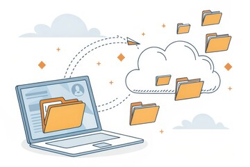 Digital File Transfer Concept with Laptop and Cloud Storage Illustration
