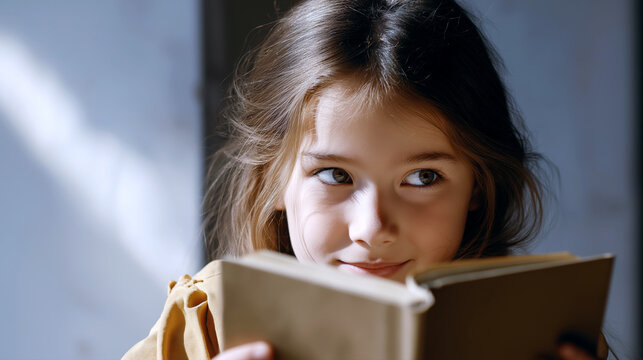 A child holding a book, expressing curiosity and engagement. Soft light enhances a cozy atmosphere,