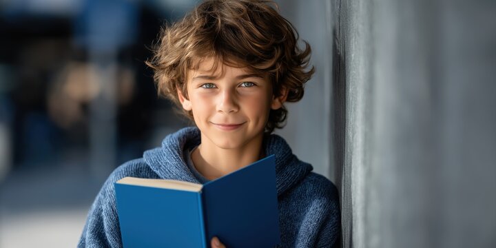 Cheerful young boy holding a book, showcasing a bright smile and engaging expression. 