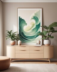 Large abstract wave print on beige wall,  with muted greens and  beige furniture.  Roomy, modern interior design