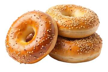 Three sesame seed bagels stacked high delicious bakery food isolated on transparent background