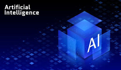 Artificial Intelligence 3D hi-tech cube Big Data machine learning server concept background light dots depth of field effect data sorting business server security HUD design element