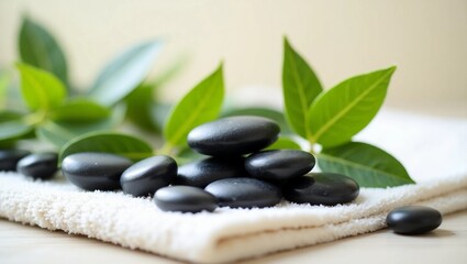Group of smooth black stones and green leaves on a spa towel, minimalism and cleanliness.