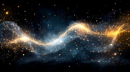 Fototapeta premium A shimmering, wave-like form of golden and blue light particles flows across a dark, star-dusted background.