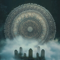 Fototapeta premium Large mandala design over foggy graveyard with tombstones at night 