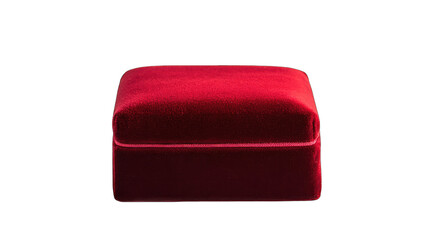 A crimson velvet jewelry box, square-shaped with a cushioned top, sits against a black background