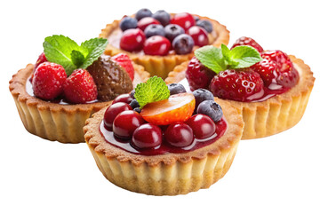 Delicious berry tarts with fresh fruit and mint garnish isolated on transparent background