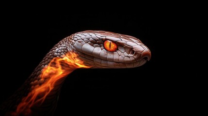 Fiery snake head with flames on dark background