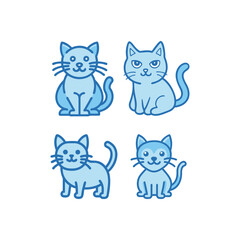 Four cute cartoon blue cats in different sitting poses. cat logo and icon .