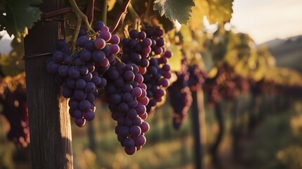 Vineyard at golden hour, heavy clusters of purple grapes hanging between wooden posts. 5