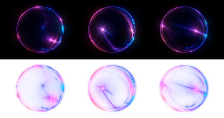 Abstract glowing orbs with swirling light effects in vibrant pink, blue, and purple. Some spheres isolated on black, others reflecting colorful light on transparent backgrounds. digital art elements.