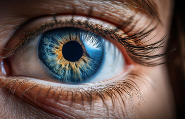 Macro close-up of a woman's eye with vivid iris detail, long eyelashes, and natural skin texture &mdash; high-resolution beauty and vision concept for medical, cosmetic, or artistic use."