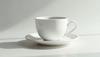 Elegant White Ceramic Cup on a Minimalist Saucer Captured in Soft Natural Light