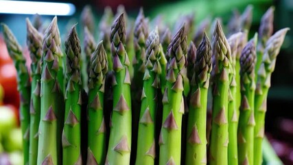 Fresh green asparagus stalks with pointed purple tips arranged closely together, showcasing their vibrant color and structural detail against a blurred market background. - Powered by Adobe