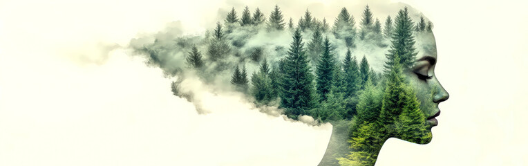 Double exposure of woman and forest blending human and nature theme