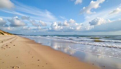 Fototapeta premium Coastal Serenity: A captivating panorama of a sandy beach with gentle waves rolling in, a clear blue sky adorned with fluffy clouds, and the sun reflecting off the wet sand.