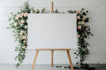 Blank canvas sign with peach roses and greenery