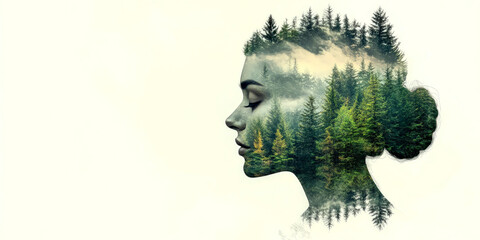 Double exposure of woman and forest blending human and nature theme
