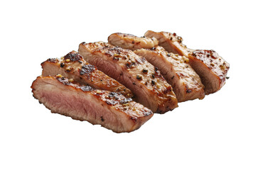 Four slices of grilled, seasoned pork, showing juicy interior and slightly charred exterior, against a black background