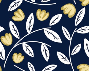 Seamless Floral Pattern with Yellow Flowers and White Leaves on Dark Blue Background