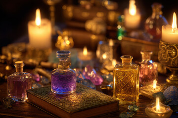 Enchanter’s Table with Glowing Potions and Ancient Scrolls