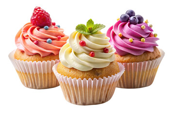 Three delicious cupcakes with colorful frosting and berries isolated on transparent background
