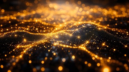 Naklejka premium Abstract digital landscape of undulating golden particles connected by a fine mesh, glowing brightly against a dark background. The bokeh effect creates a sense of depth and luminosity