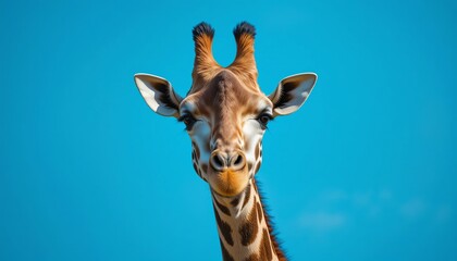 Obraz premium Creative portrait of a giraffe on a bright blue background. High quality photo.