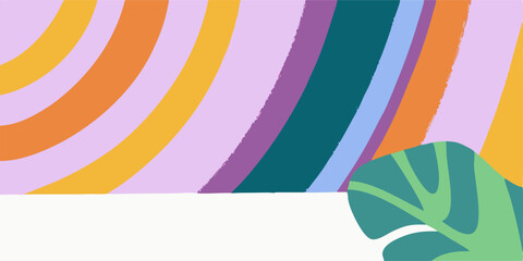 Obraz premium Abstract Rainbow Stripes Background with Tropical Leaf