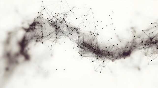 Abstract grayscale image depicting a flowing, interconnected network of tiny particles and lines against a light background, suggesting movement and connectivity