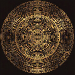 Intricate Mayan calendar mandala pattern in gold on dark background  