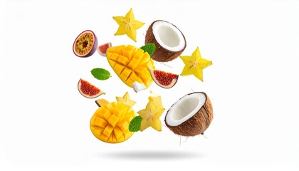 exotic, fruit, mix, coconut, mango, fig, passiflora, carambola, falling, air, isolated, tropical, fresh, healthy, vibrant, sweet, juicy, delicious, colorful, organic, raw, vegetarian, vegan, nature, s