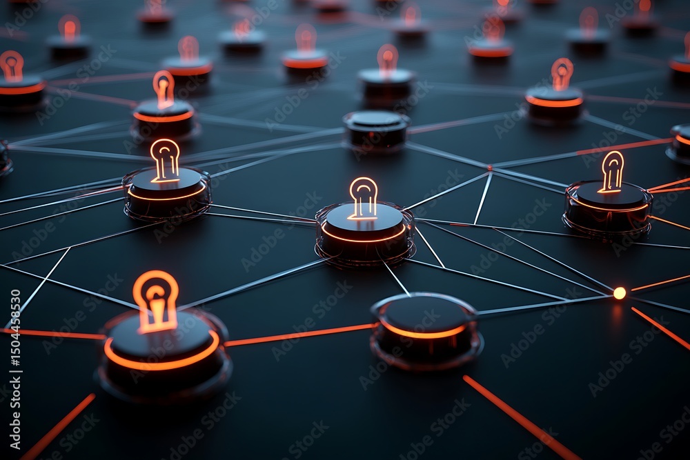 Wall mural interconnected nodes: luminous ideas on a digital network, tech abstract.