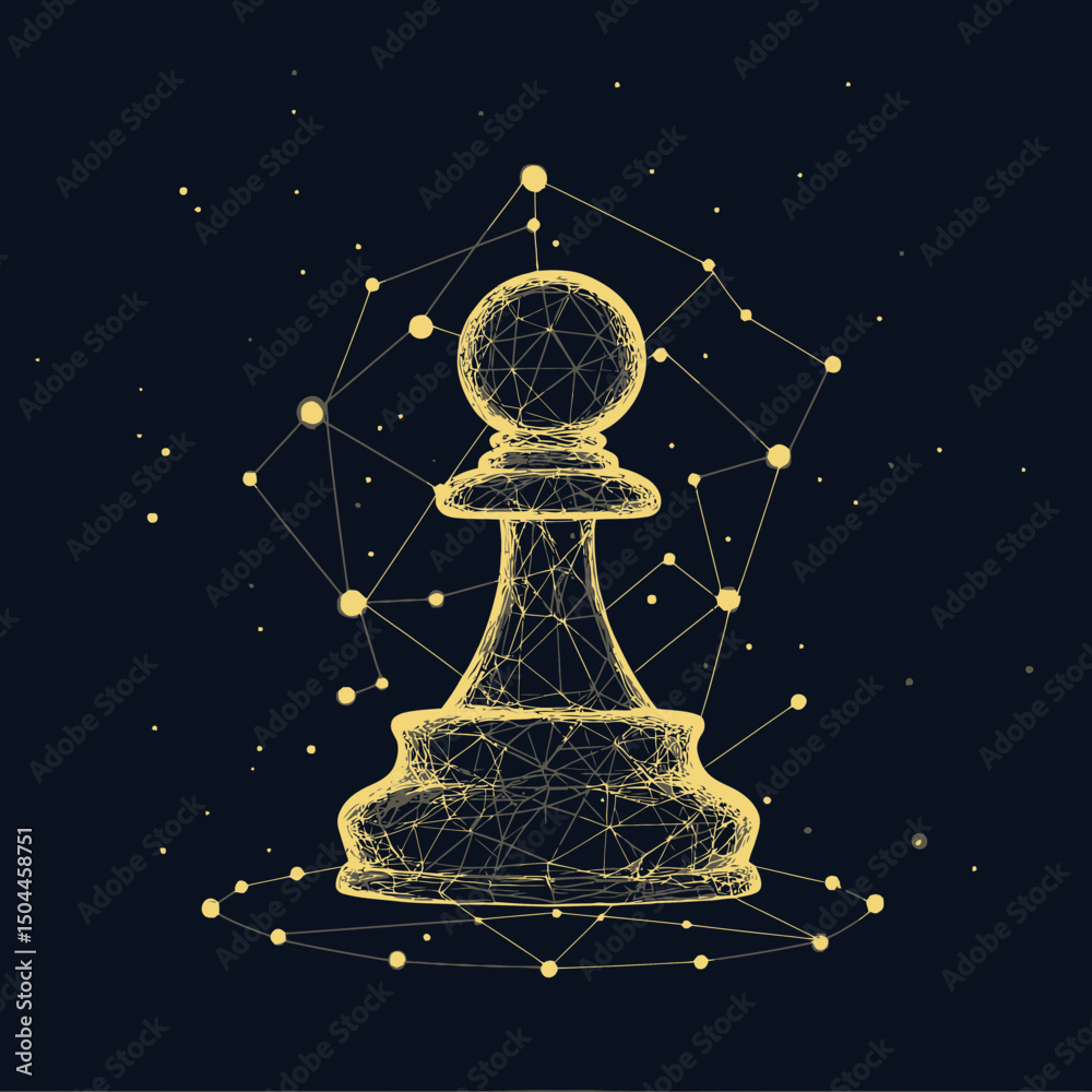 Poster wireframe chess pawn with glowing nodes and connecting lines abstract polygonal low poly design on d
