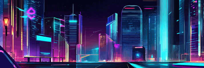 Futuristic neon city skyline with glowing skyscrapers and cyberpunk style illuminated urban landscape at night