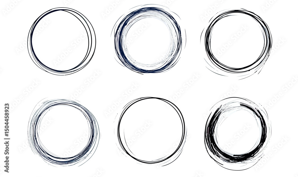 Poster set of six hand drawn abstract empty circles with rough sketch lines and irregular strokes on white 