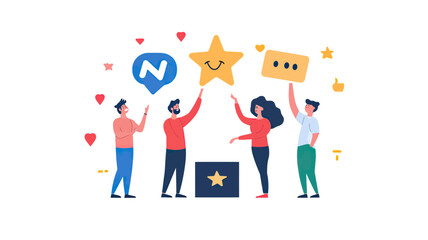 Diverse people giving positive and neutral feedback with star rating and chat icons in flat minimalist vector style customer review concept illustration