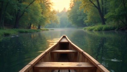 Obraz premium Wooden canoe on tranquil river during peaceful summer evening. Rich green forest with trees around water. Relaxing sunset, nature. Travel, recreation, outdoor activities, escape, vacation.
