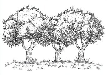 Fototapeta premium Three Olive Trees Line Drawing