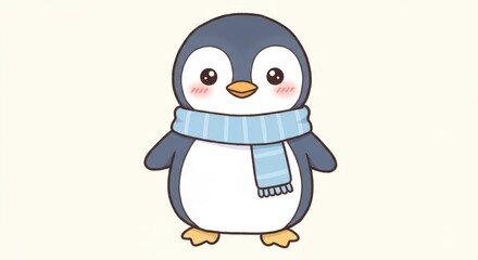 Obraz premium Charming penguin character illustration with a blue scarf in a kawaii style