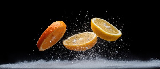 Slices of citrus floating with splash against dark background