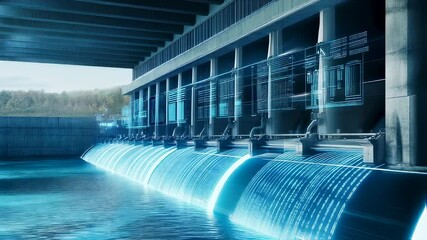 Futuristic hydroelectric dam generates clean energy with digital interfaces