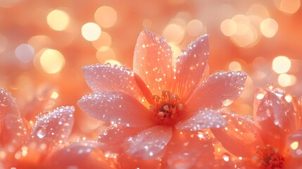 Fototapeta premium Dew-kissed peach blossoms softly illuminated by a warm, bokeh-filled background, creating a gentle, romantic atmosphere