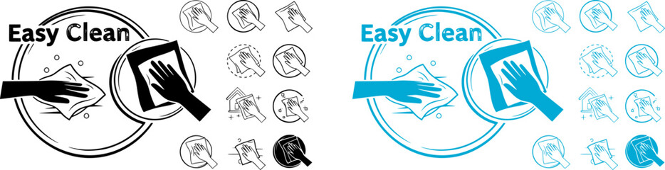 Easy clean icon set. Hand with napkin wiping a surface. Housekeeping symbol. Easy clean logo, label, badge, symbol, banner, circle, black, line, vector, isolated illustration. Cleaner service logo.
