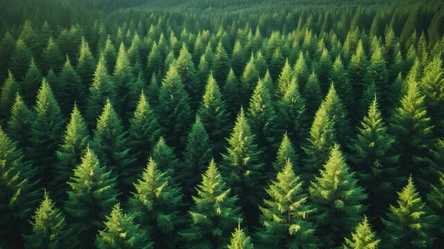 Lush evergreen forest stretching across the landscape, with dense rows of vibrant pine trees bathed in soft natural light, creating a soothing and serene atmosphere.
