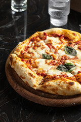 Portion of gourmet baked italian pizza margherita