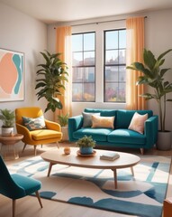 Modern living room with teal and mustard accents