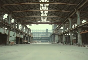 Obraz premium A post-industrial landscape with the geometry of abandoned architecture. Cold, ochre and rusty red colors, creating a sense of time stopped in space. Emphasizes the aesthetics of emptiness and urbanis