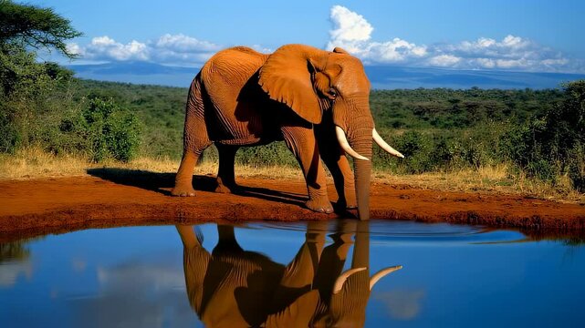 Majestic African elephant drinking water at a watering hole in savanna habitat